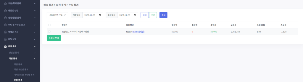 카지노솔루션 매출통계 관리